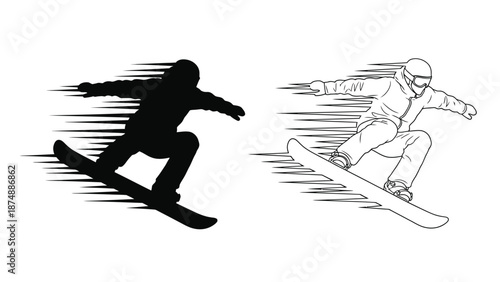 snowboarder in motion with silhouette and line art style
