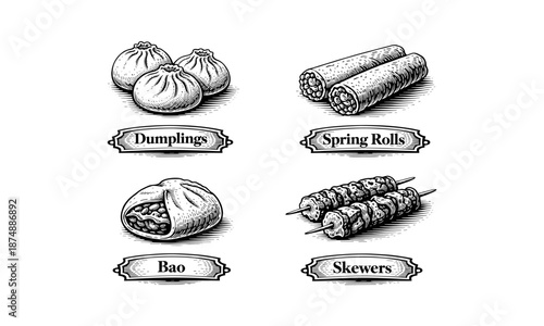 Vintage Asian Street Food Set: Dumplings, Spring Rolls, Bao, and Skewers Engraving.
