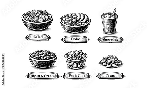 Healthy Salad Poke Smoothie Bowl and Nuts Vintage Woodcut Style Illustration Set