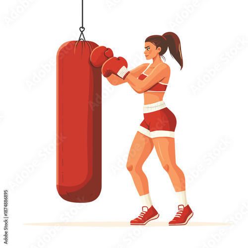 Woman boxer punching heavy bag with power, strength