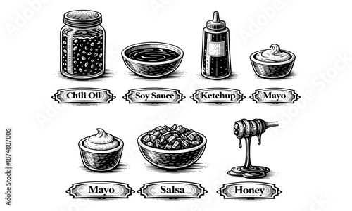 Vintage Engraving Set of Classic Sauces, Condiments, Dips, and Sweeteners