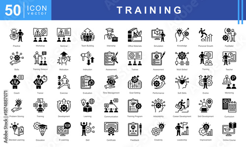 Training icon set featuring practice, workshop, seminar, team building, internship, skills, motivation, instruction, and assessment. Perfect for career development and education projects.
