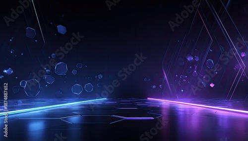 Wallpaper Mural Futuristic dark scene with neon lighting, polygonal shapes, and refractive reflections Torontodigital.ca