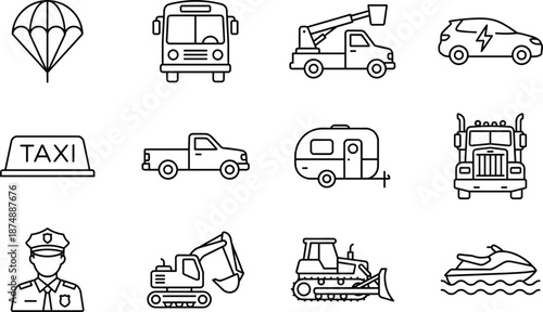 Black and White Vector Line Art Icon Set Featuring Transportation and Vehicles Including School Bus Electric Car Taxi Pickup Truck Trailer and Excavator