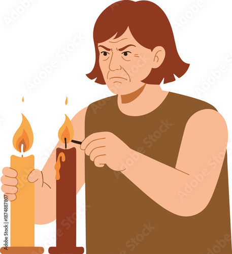 Older Woman Lighting Two Candles with Serious Expression, Concept of Ritual, Persistence, Hope in Darkness, and Inner Resilience Vector Illustration