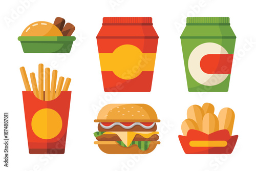 A colorful illustration of various fast food items on a white background