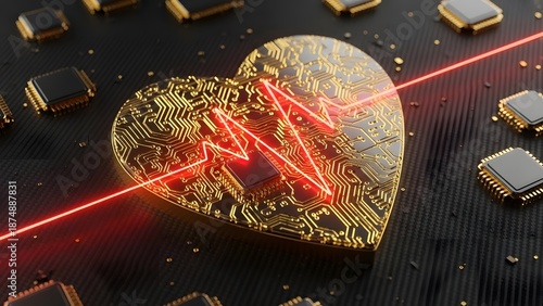 Golden Heart Circuit Board with Red E K G Line and Microchips technology heart