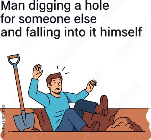 Man Falling Into Trench He Just Dug, Literal Metaphor for Digging a Hole for Someone Else and Falling Into It Himself, Concept of Karma and Backfiring Malice Vector Illustration
