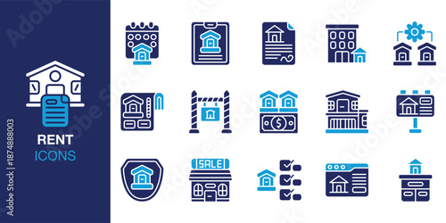 Rent Icon set. Containing apartment, housing, room, flat, deposit, payment and more. Solid vector icons collection. Vector illustration.