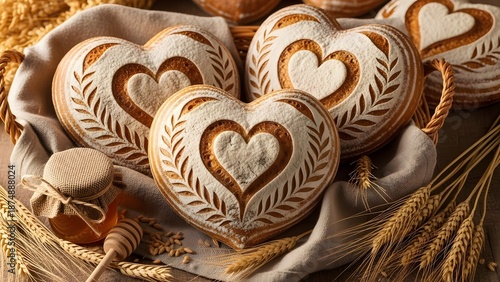Heart shaped artisan sourdough bread dusted with flour and decorated with wheat stalks and honey heart shaped bread