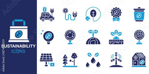 Sustainability Icon set. Containing climate, renewable, recycle, circular, organic, carbon and more. Solid vector icons collection. Vector illustration.