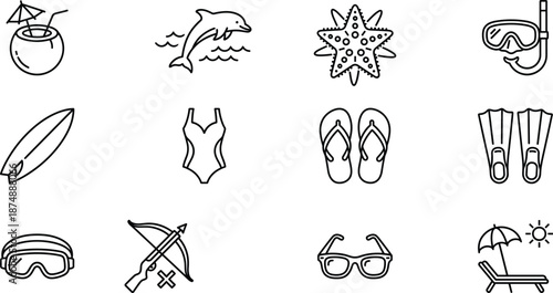 Black and White Vector Line Art Icon Set Featuring Summer Beach and Vacation Elements Including Dolphin Starfish Surfboard Swimsuit Flip Flops and Snorkel Gear