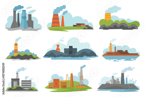 A colorful illustration of various industrial factories and power plants emitting smoke and pollution into the environment.