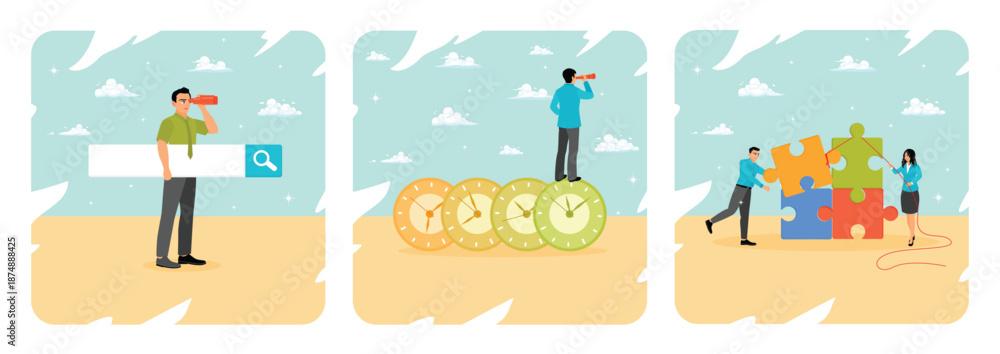 Obraz premium Search and discovery career concept. Time management. Jigsaw puzzle connection.