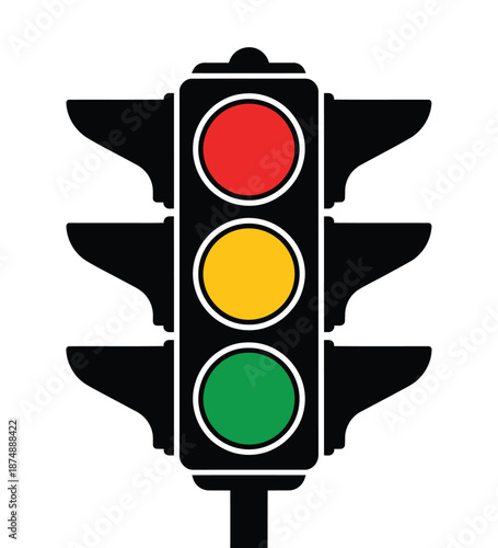 A traffic light with red, yellow, and green lights on a white background