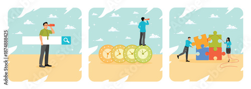 Search and discovery career concept. Time management. Jigsaw puzzle connection.