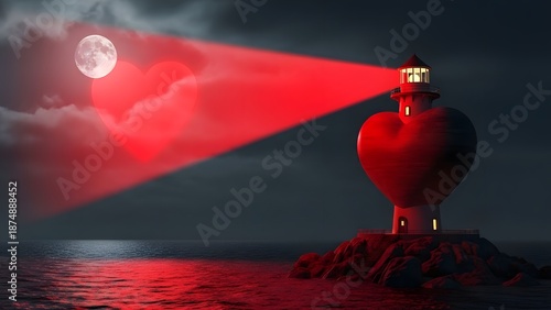 Heart shaped lighthouse shines red beam across moonlit sea love