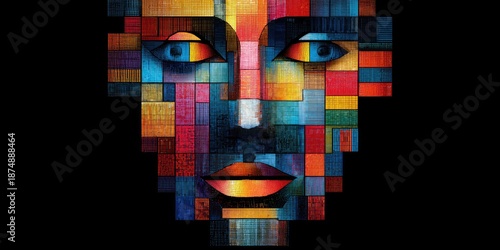 Wallpaper Mural A geometric mosaic portrait of a face, using vibrant blocks of color against a dark background Torontodigital.ca