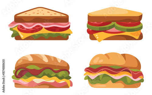 A colorful illustration of four different types of sandwiches on a white background