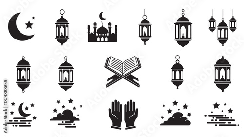 Ramadan Icons Set with Lanterns Mosque and Quran
