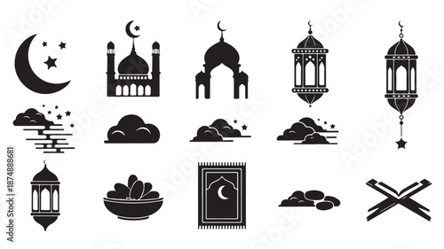 Ramadan Kareem Icons Set with Mosque, Lantern, Crescent Moon and Dates