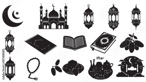 Ramadan Kareem Icons Set with Mosque Lanterns and Quran