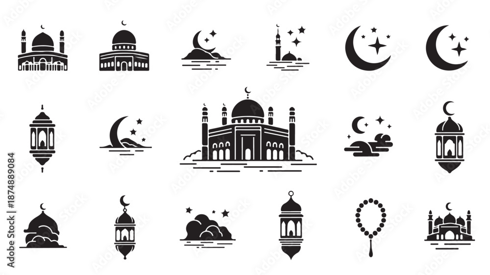 Fototapeta premium Ramadan Mosque Icons with Lanterns and Crescent Moon