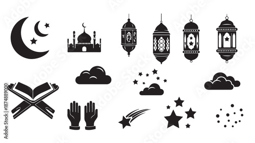 Ramadan Icon Set with Mosque, Lanterns, Crescent Moon and Stars and Quran