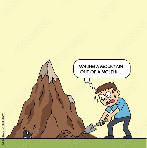 Frantic Man Digging at a Molehill Beside a Massive Mountain, Literal Metaphor for Making a Mountain Out of a Molehill, Concept of Overreacting and Unnecessary Stress Vector Illustration