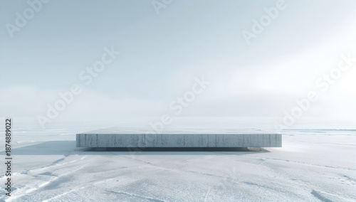 Minimalist Concrete Block in Snowy Landscape Under Bright Overcast Sky