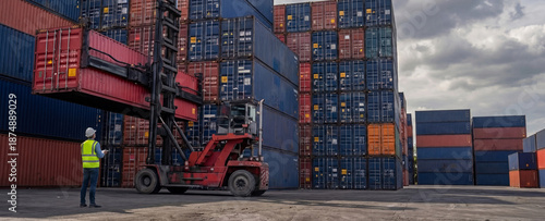 Containers are stacked high at a shipping yard. A forklift operator moves a red container while a worker oversees the loading. Overcast skies add a dramatic backdrop.