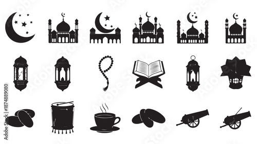 Ramadan Icons Set with Mosque, Crescent Moon, Lanterns and Food