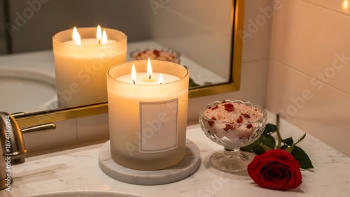 Lit triple wick candle with rose petals bath salts and red rose on marble counter lit candle