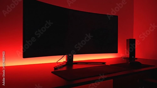 Modern Computer Setup With Curved Monitor And Ambient LED Lighting In A Dark Room