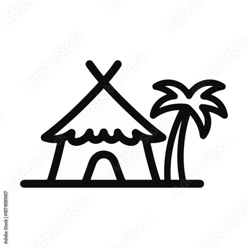 Minimalist outline vector icon depicting a charming tropical hut or beach bungalow with a tall palm tree, symbolizing idyllic island vacations, rustic getaways, and serene summer destinations