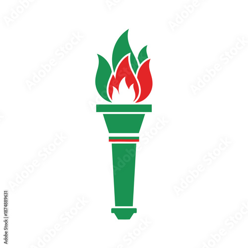 Stylized torch with red green flames on white background, symbol of victory