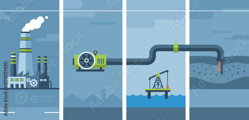 Industrial oil and gas pipeline process with factory pump offshore drilling and underground flow showing energy production and fuel supply system