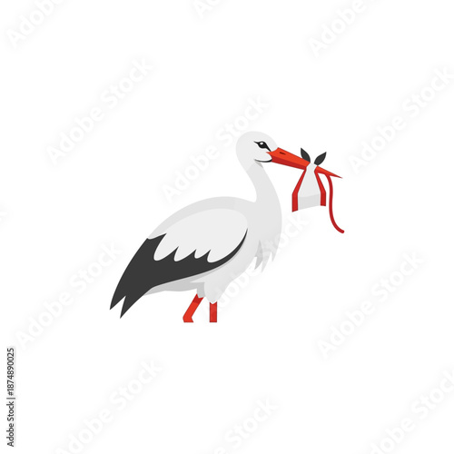 Stork delivering baby bundle in its beak flying side view