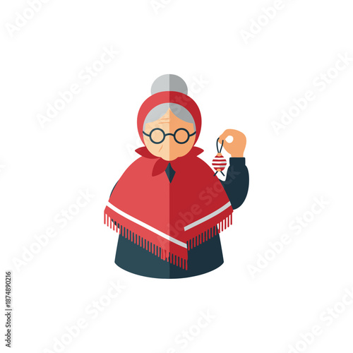 Elderly woman in red shawl with round glasses, holding yarn and knitting needles