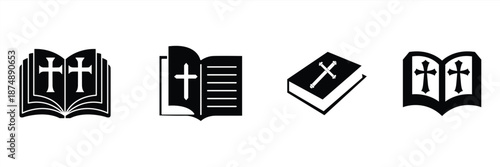 Bible icon set. Religious book. Symbol of Christianity. Reading the scriptures. Religious symbols. Vector illustration