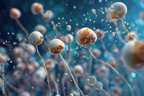 A 3D rendering of spores breaking free from their stalks, floating in zero gravity.