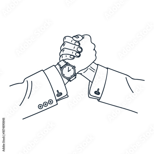 Stylized line art illustration of two hands in a firm clasp, representing professional agreement, business partnership, collaborative effort, or competitive resolve in corporate settings
