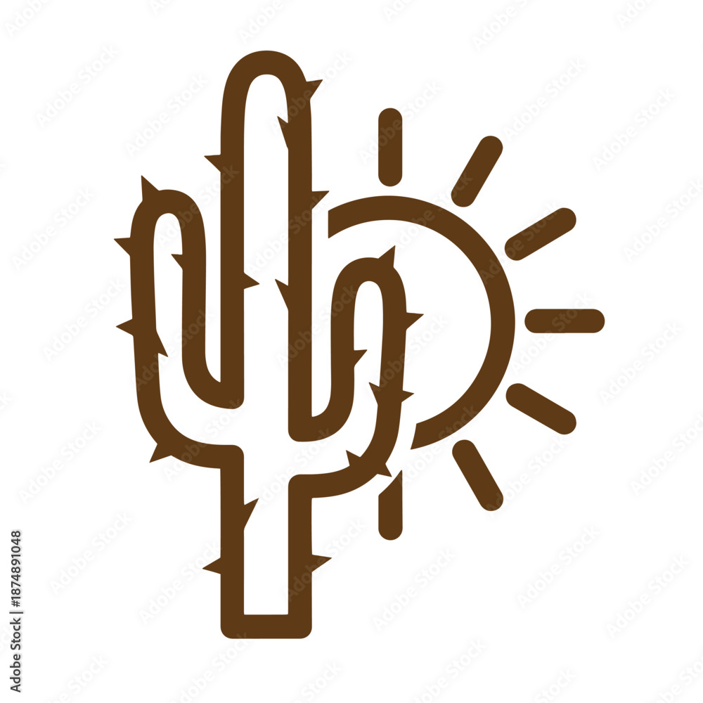 Fototapeta premium Drawing Vintage Brown cactus with sun icon desert plant symbol with sun rays illustration