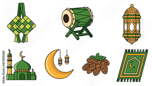 Ramadan Icons Set Featuring Islamic Symbols, Prayer Rug, Drum, Lanterns, and Crescent Moon