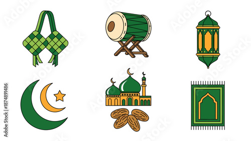 Islamic Culture Icons Ramadan, Eid, and Muslim Traditions Illustrated