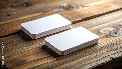 Two Stacks Of Blank White Business Cards With Rounded Corners On A Rustic Wooden Table