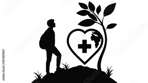 A silhouette of a man standing on a hill with a heart and medical cross symbol