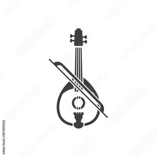 Black and white saz antique instrument icon with bow and string