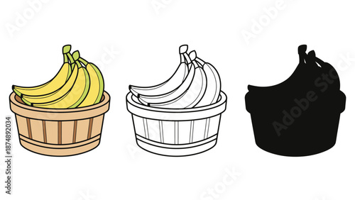 An illustration of three baskets of bananas in different color styles