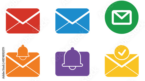 A collection of colorful email and notification icons on a white background